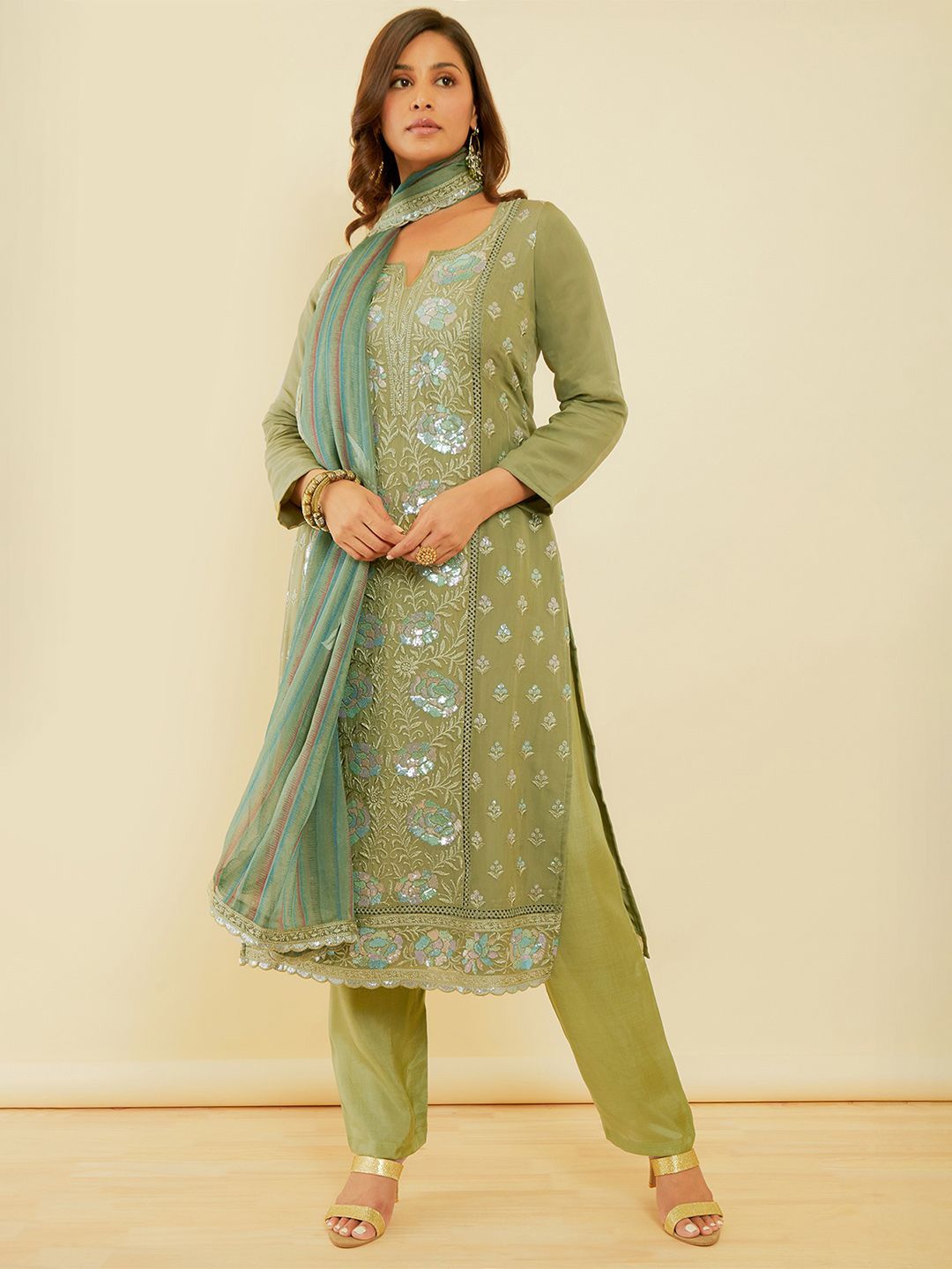 

Soch Embroidered Organza Unstitched Dress Material, Green