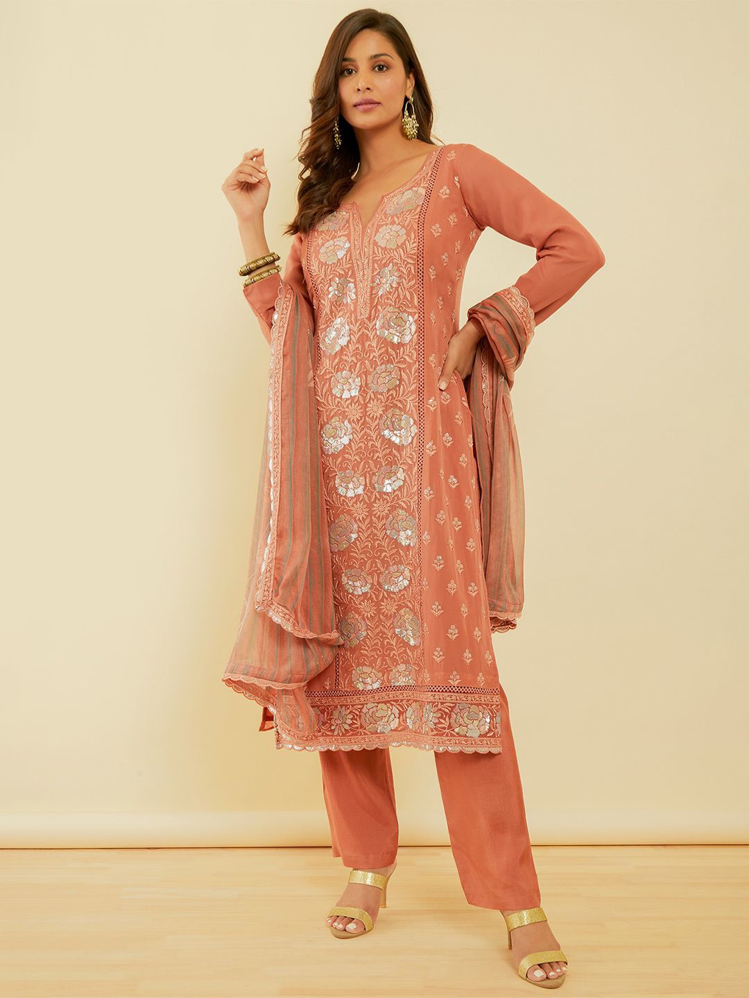 

Soch Embroidered Organza Unstitched Dress Material, Rust