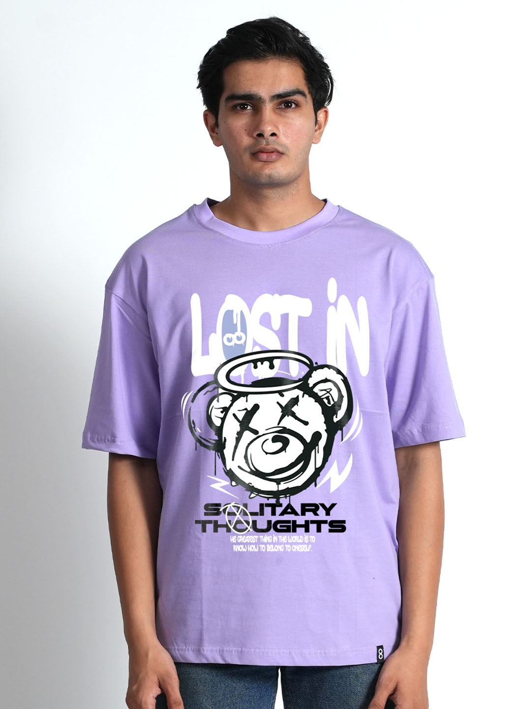 Bloopers Store Men Graphic Printed Round Neck Longline Oversized Cotton T-shirt, Lavender