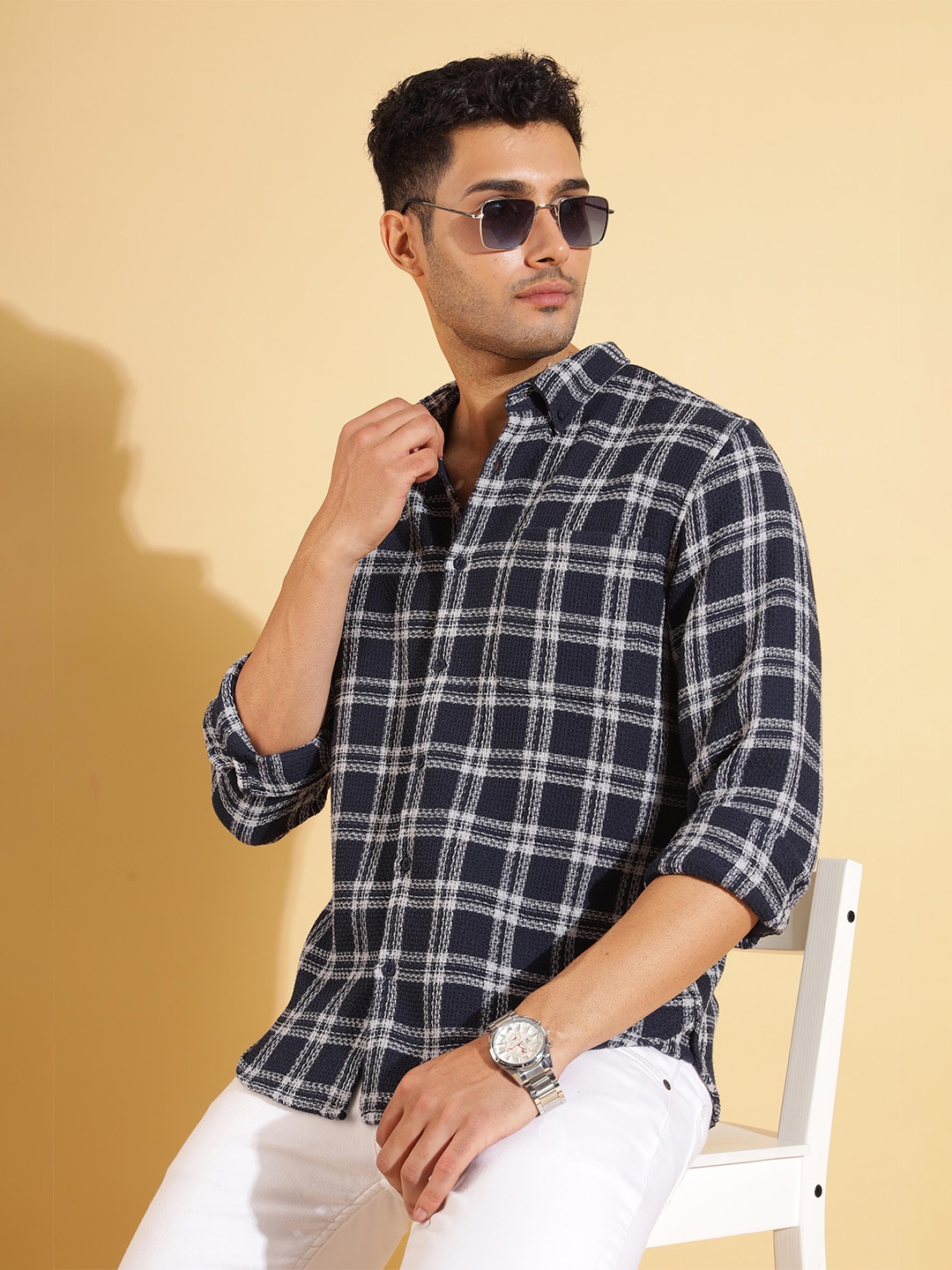 

HERE&NOW Men Tartan Checked Button-Down Collar Casual Shirt, Navy blue