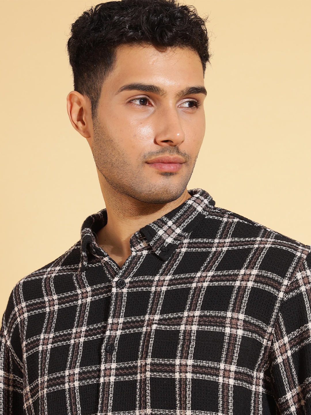 

HERE&NOW Men Tartan Checked Button-Down Collar Casual Shirt, Black