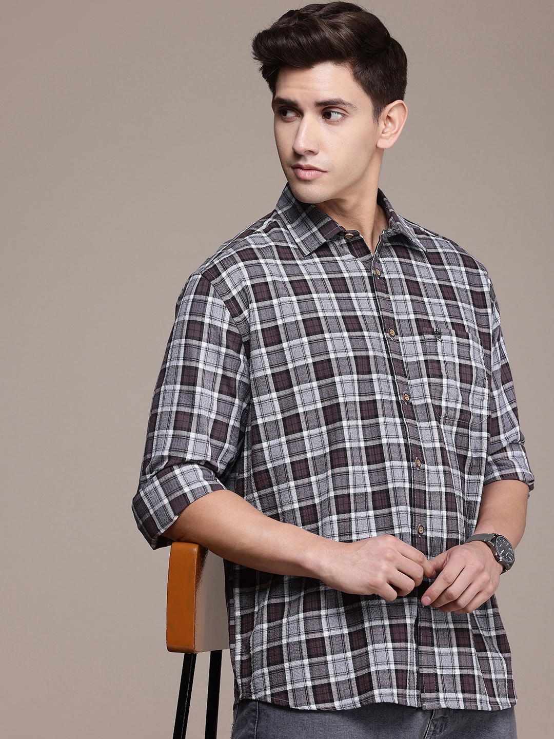 

French Connection Men Premium Tartan Checked Oversized Pure Cotton Casual Shirt, Grey