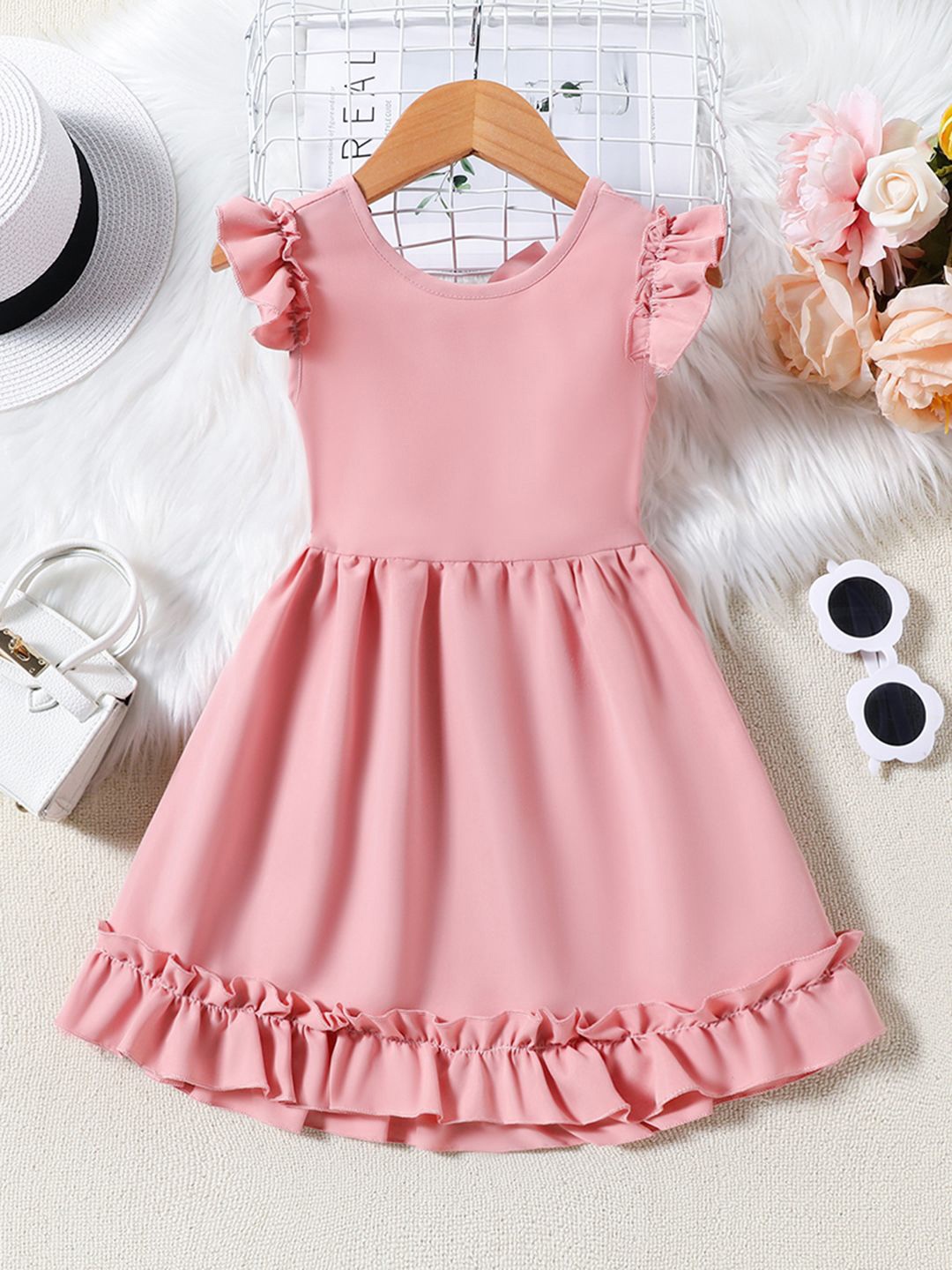 

INCLUD Flutter sleeves Fit & Flare Dress, Pink