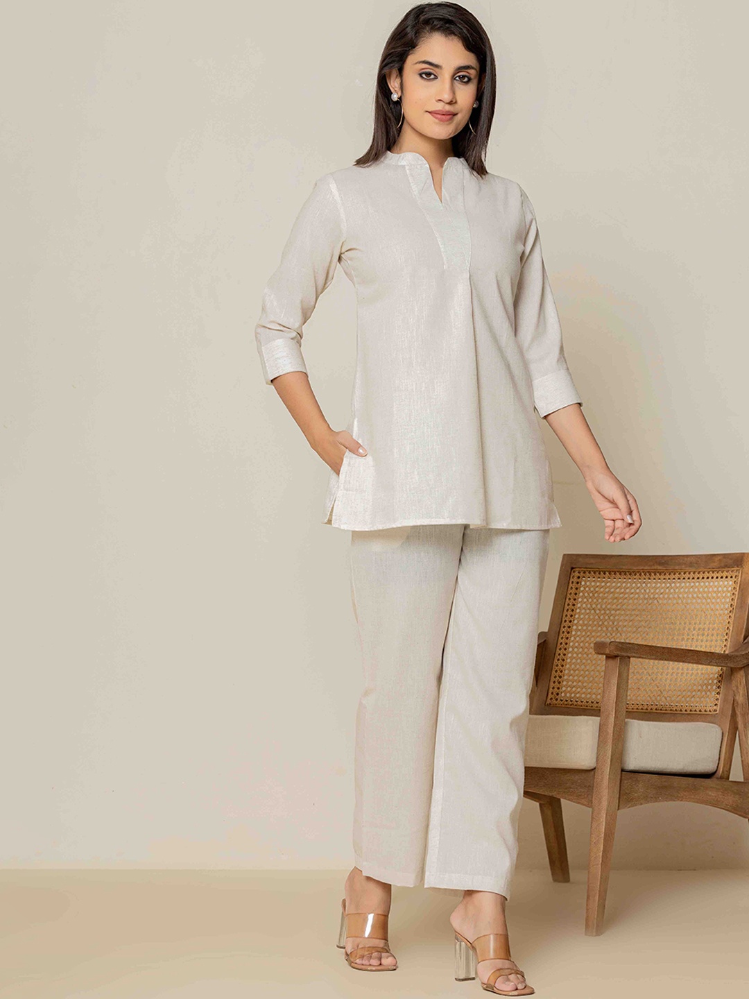 

Do Dhaage Mandarin Collar Pure Cotton Tunic & Trouser, Off white