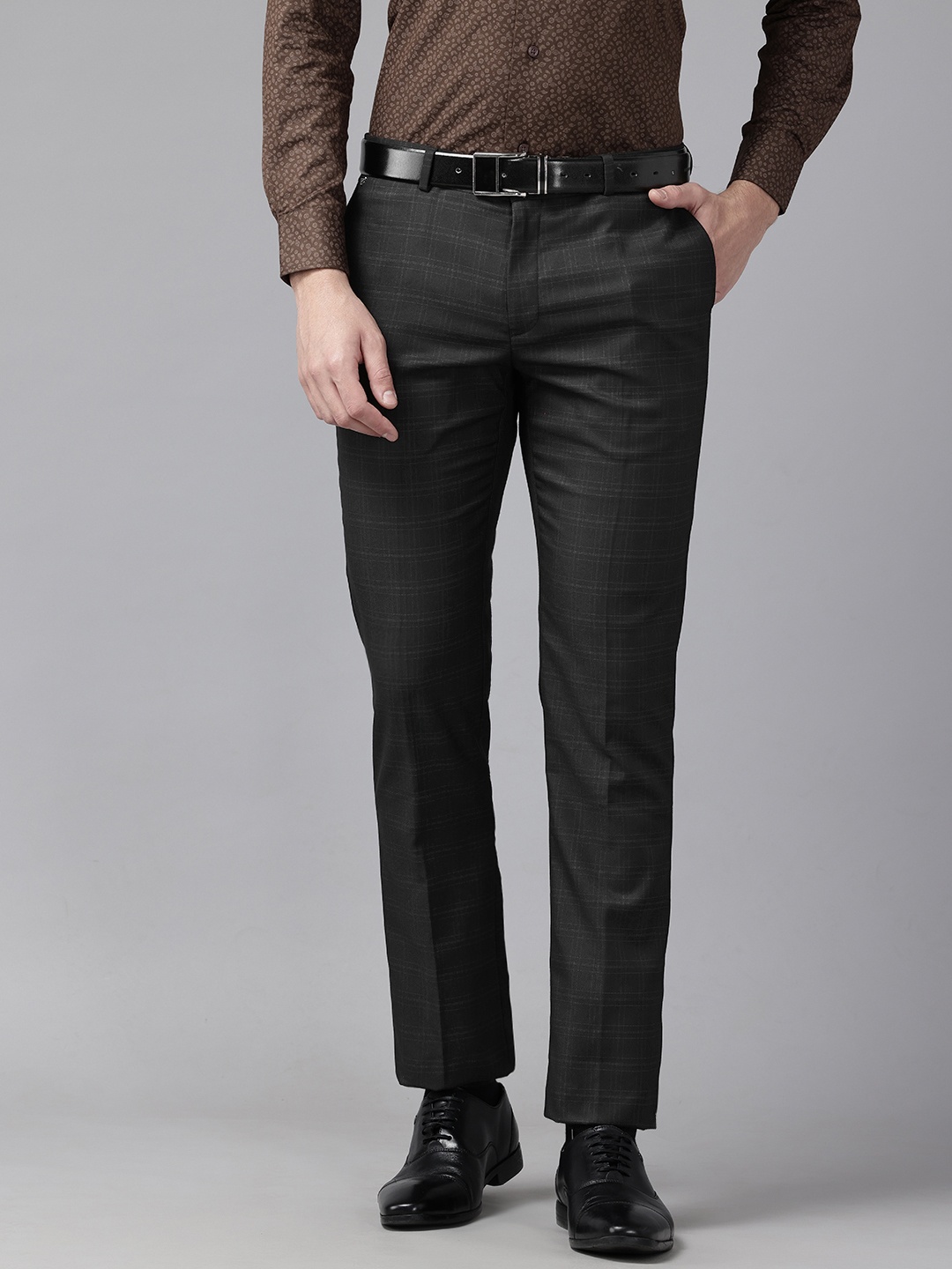 

Blackberrys Men Checked Slim Fit Formal Trousers, Charcoal