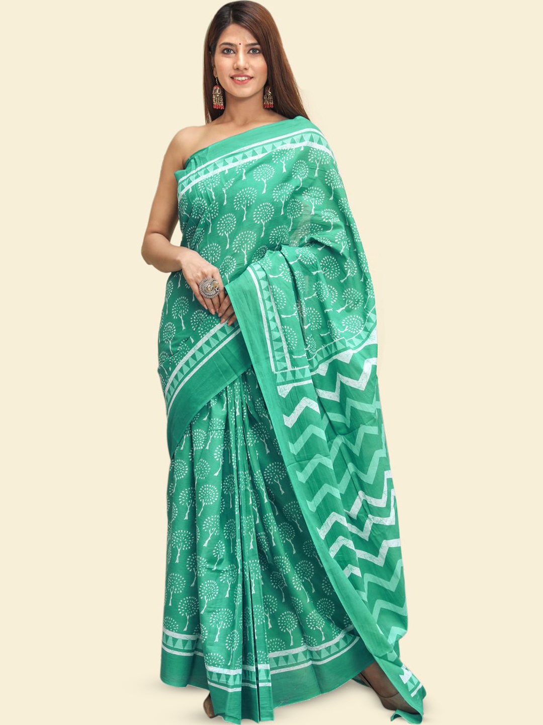 

KALINI Ethnic Motif Pure Cotton Saree, Green