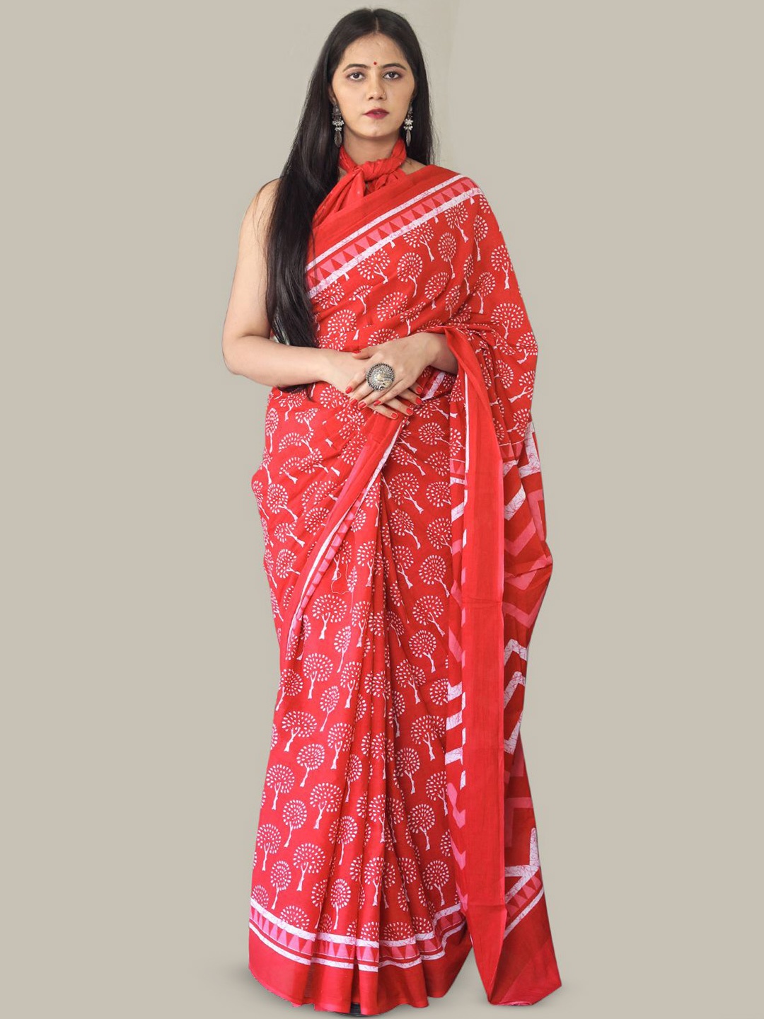 

KALINI Pure Cotton Block Print Saree, Red