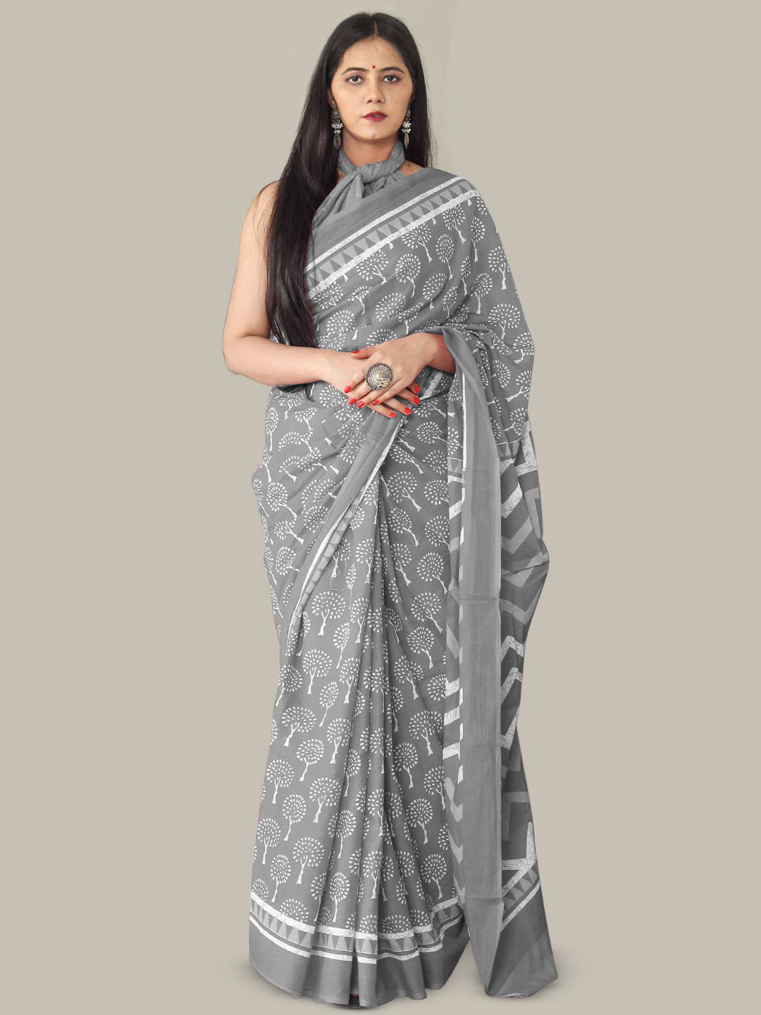 

KALINI Ethnic Motifs Printed Pure Cotton Saree, Grey