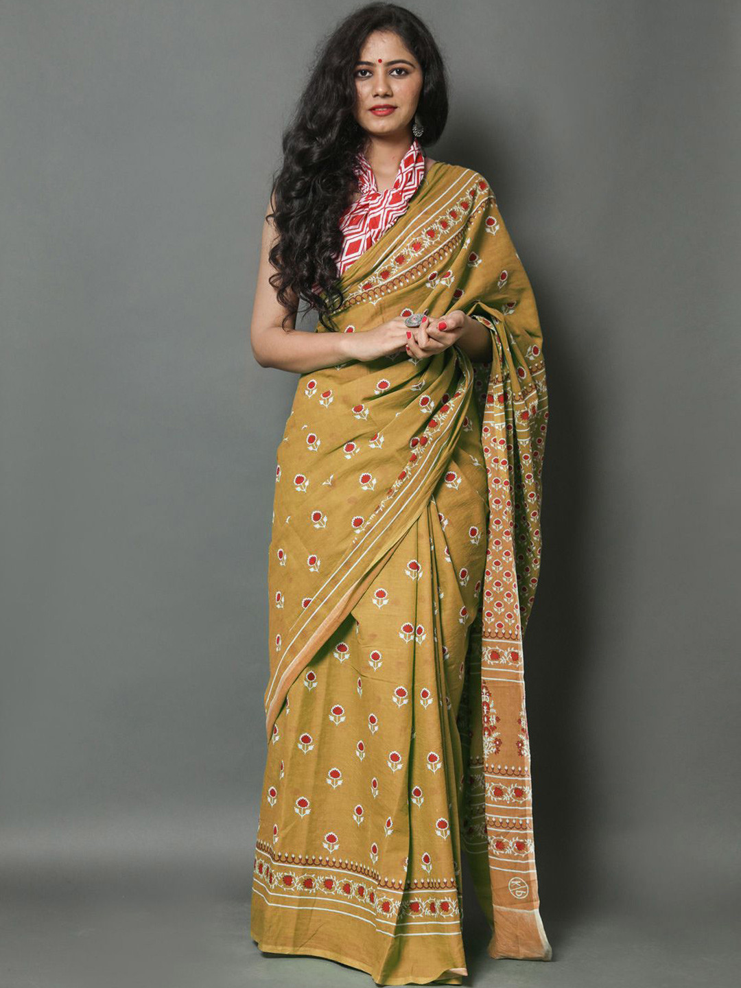

KALINI Ethnic Motifs Printed Pure Cotton Saree, Olive