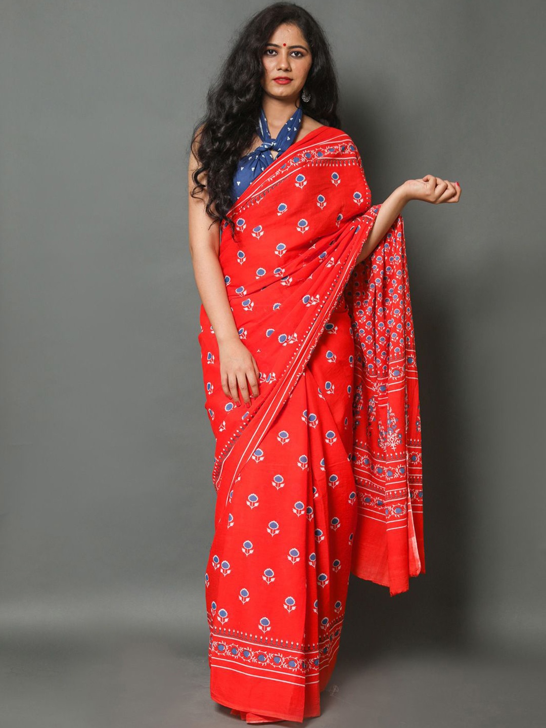 

KALINI Floral Pure Cotton Saree, Red