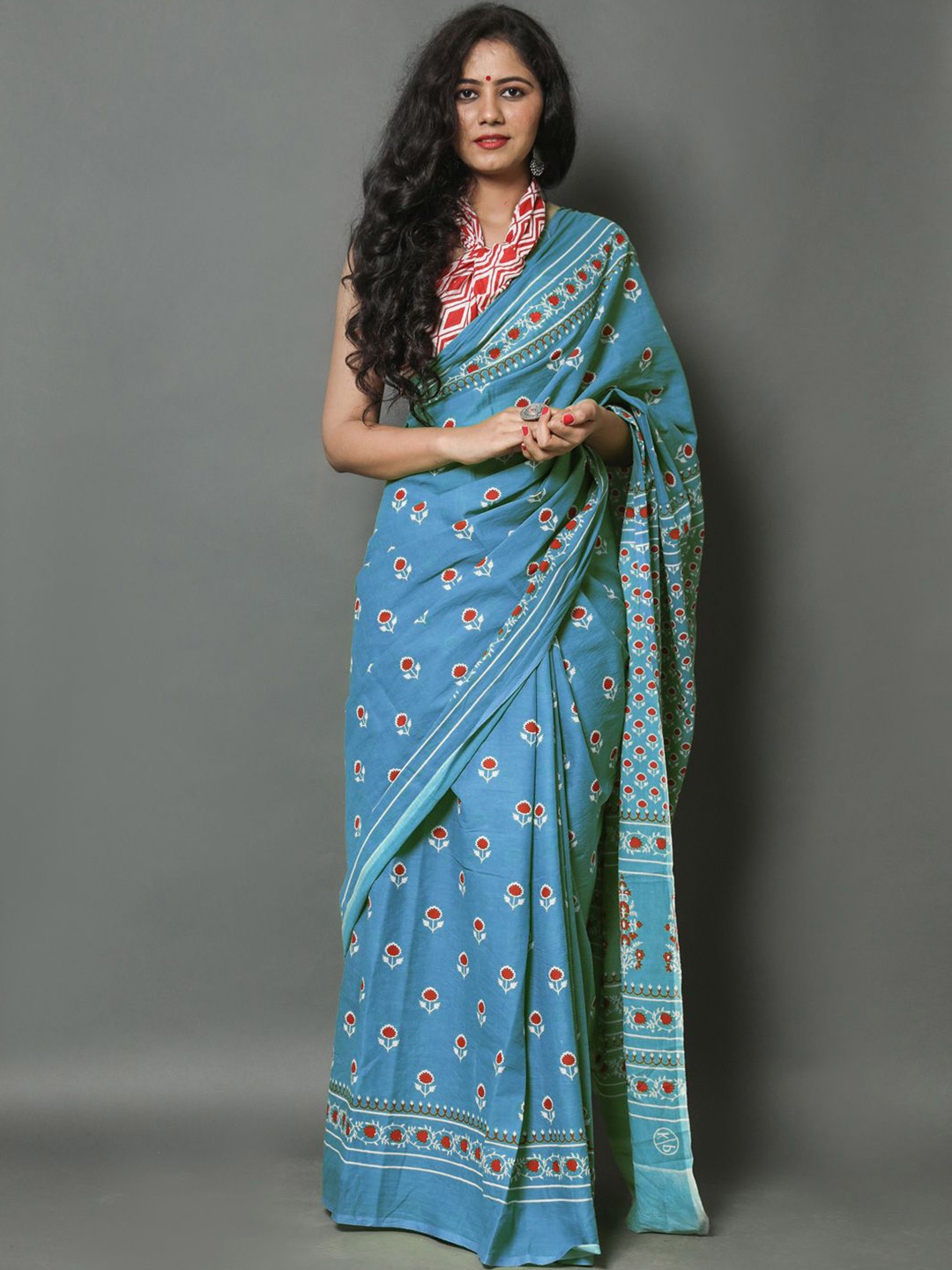 

KALINI Pure Cotton Ethnic Motif Saree, Blue