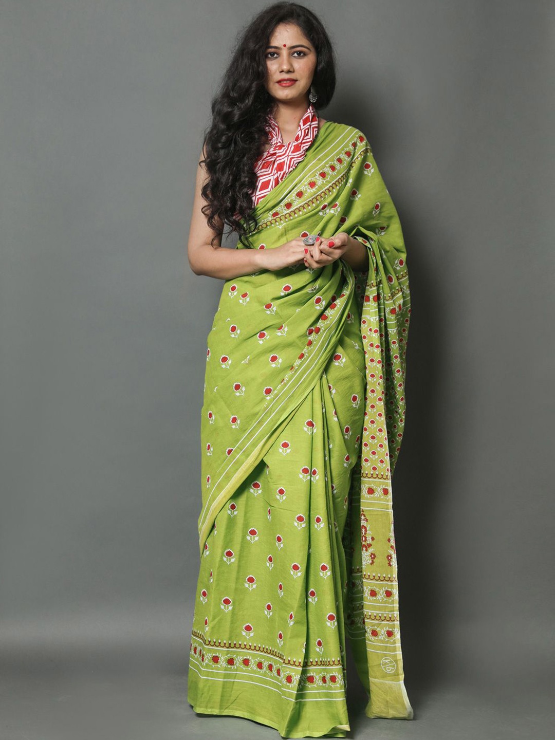 

KALINI Ethnic Motifs Printed Pure Cotton Saree, Green