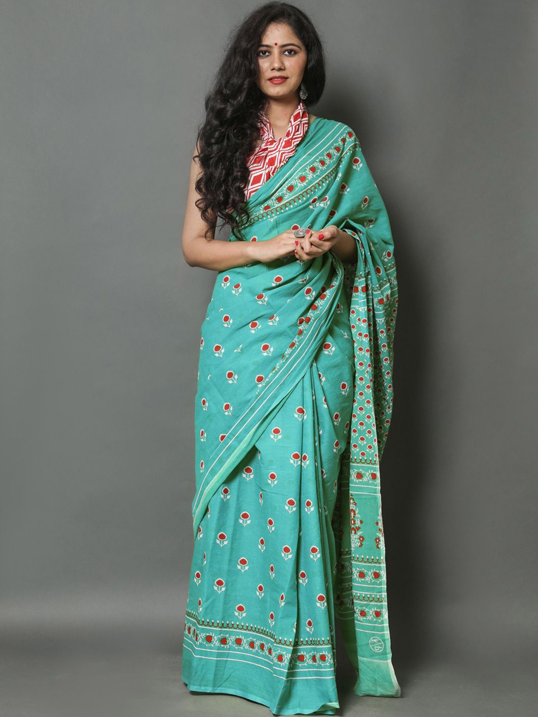 

KALINI Floral Pure Cotton Saree, Sea green