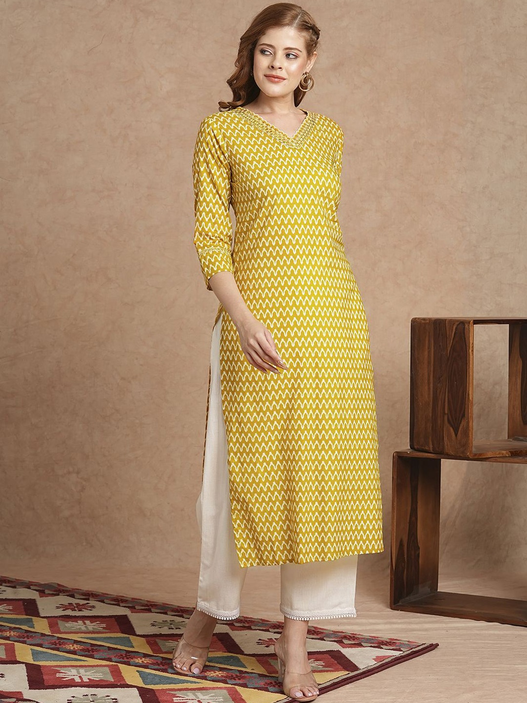 

KALINI Geometric Printed V-Neck Mirror Work Pure Cotton Kurta, Yellow
