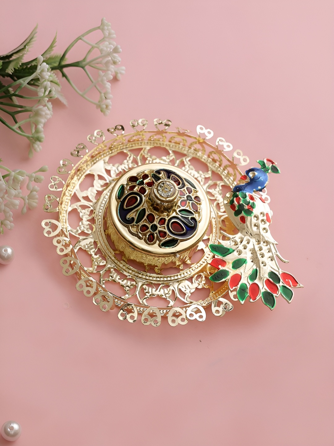 

Aapno Rajasthan Red & Green Textured Peacock-Box Pooja Thali, Gold