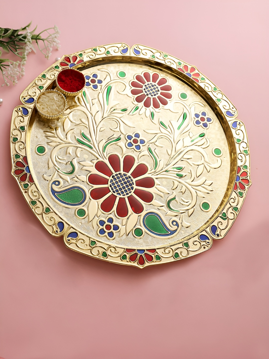 

Aapno Rajasthan Red & Green Designed Pooja Thali Set, Gold