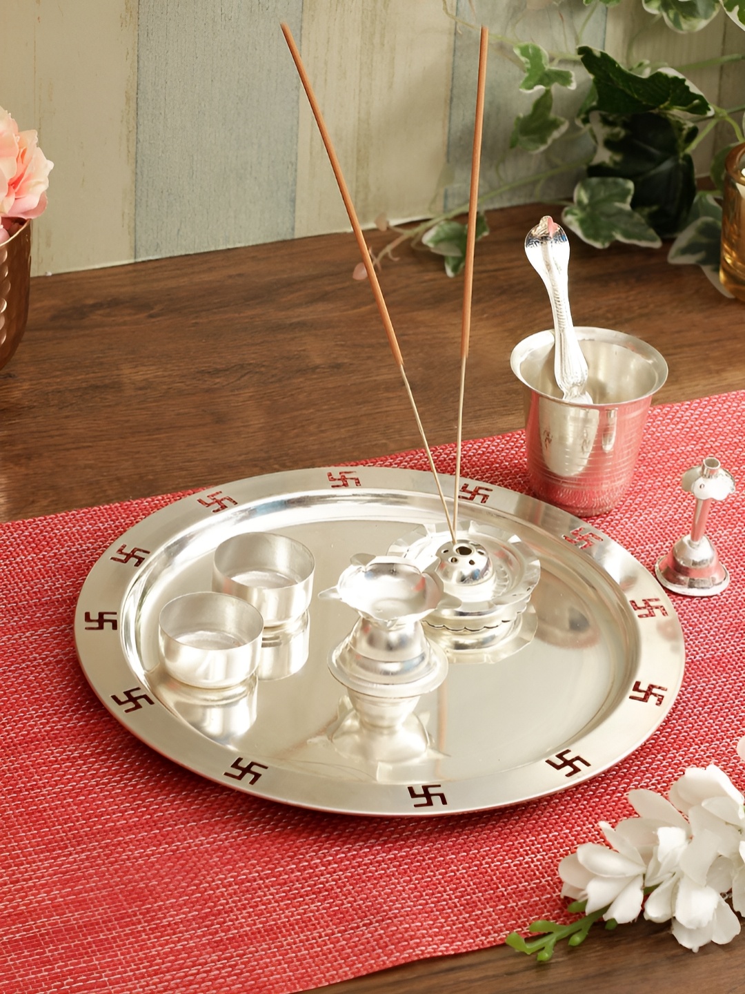 

Aapno Rajasthan 8 Pcs Stainless Steel Pooja Thali Set, Silver
