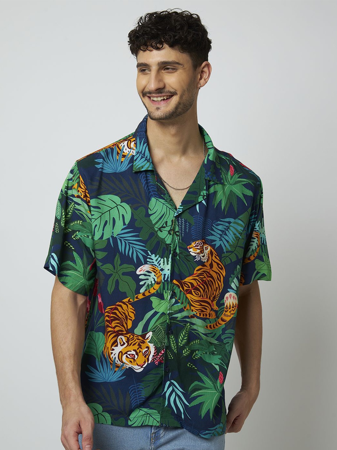 

MyDesignation Men Floral Printed Cuban Collar Casual Shirt, Blue