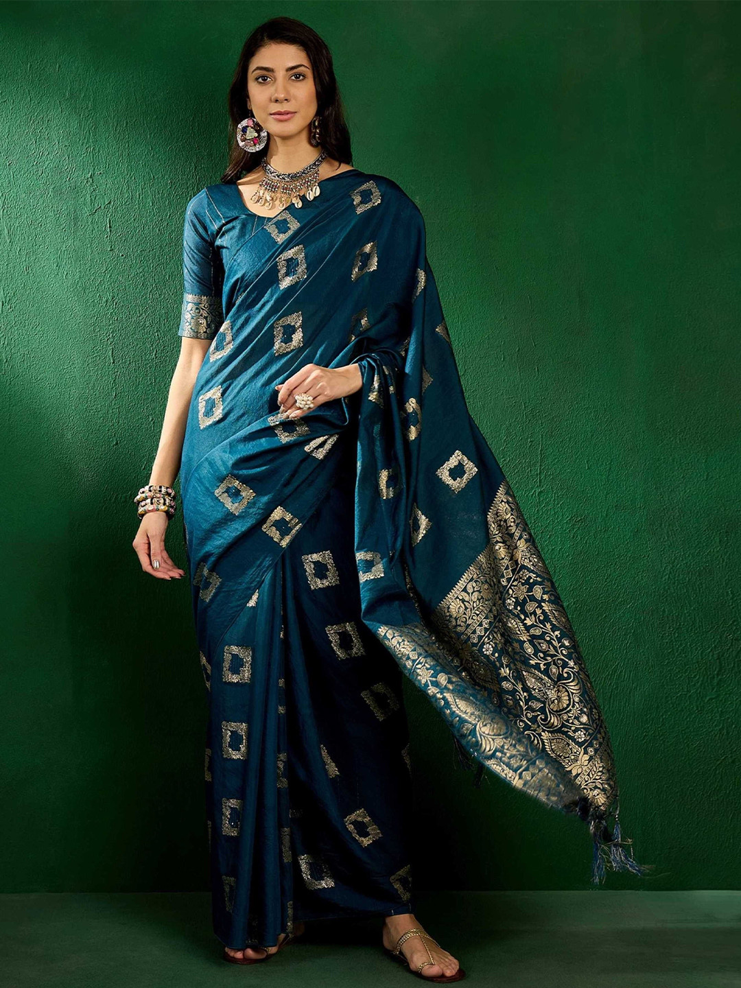 

Panzora Woven Design Banarasi Sarees, Teal