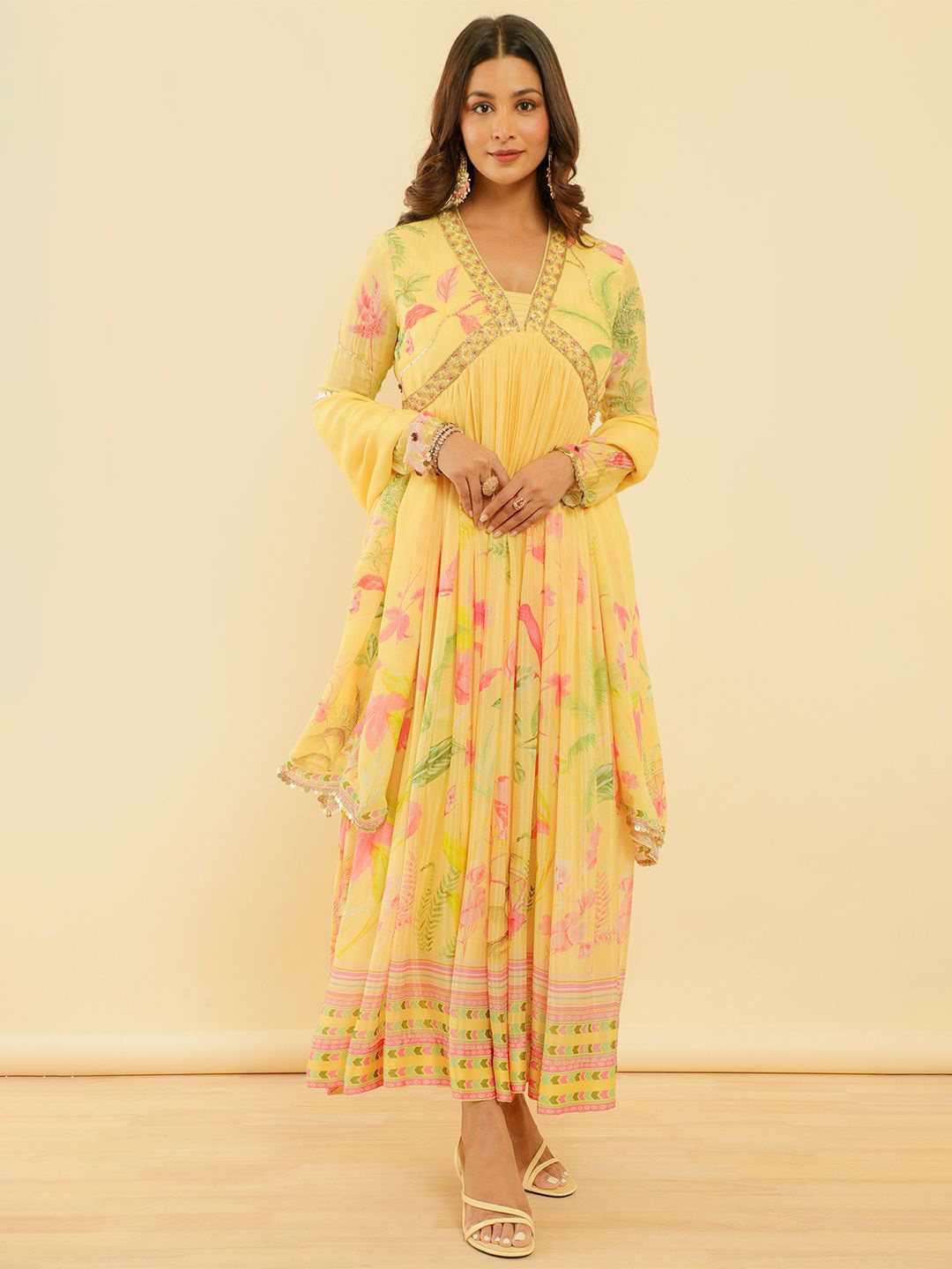 

Soch Floral Print Maxi Ethnic Dress With Dupatta, Yellow
