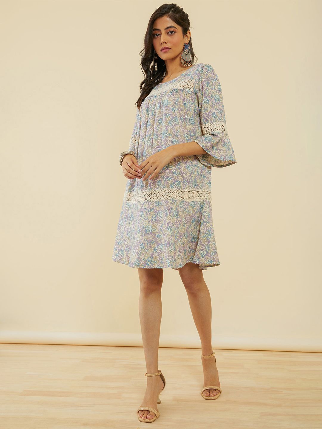 

Soch Ethnic Motifs Print Bell Sleeve A-Line Dress, Multi