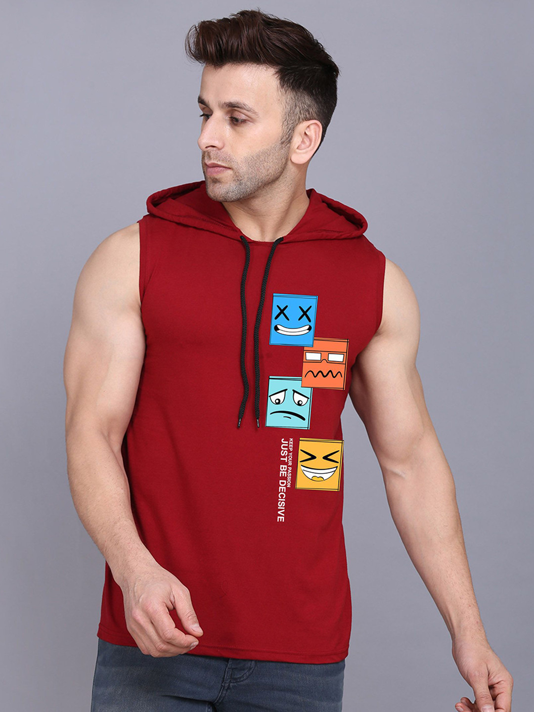 

SLOWLORIS Printed Hooded Sleeveless Gym Vest, Maroon