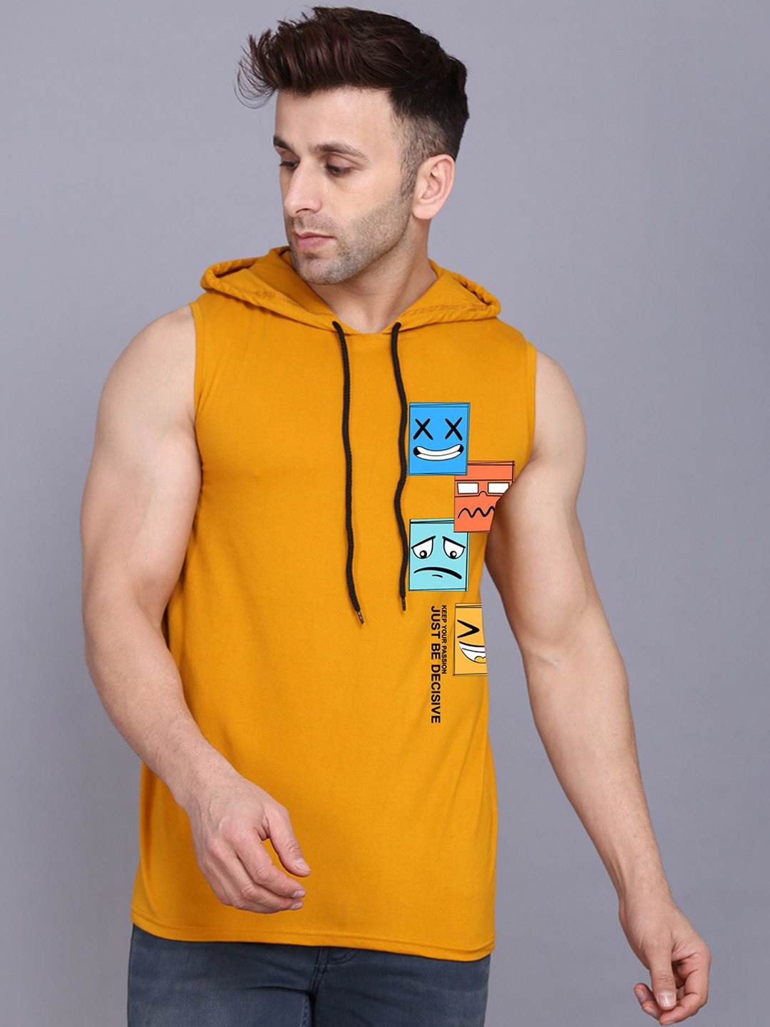 

SLOWLORIS Printed Hooded Sleeveless Gym Vest, Mustard