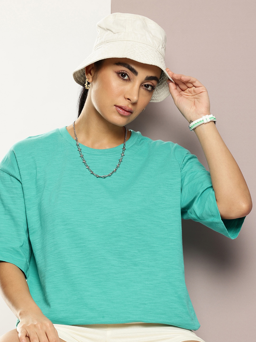 

Kook N Keech Drop-Shoulder Sleeves Oversized Pure Cotton T-shirt, Green