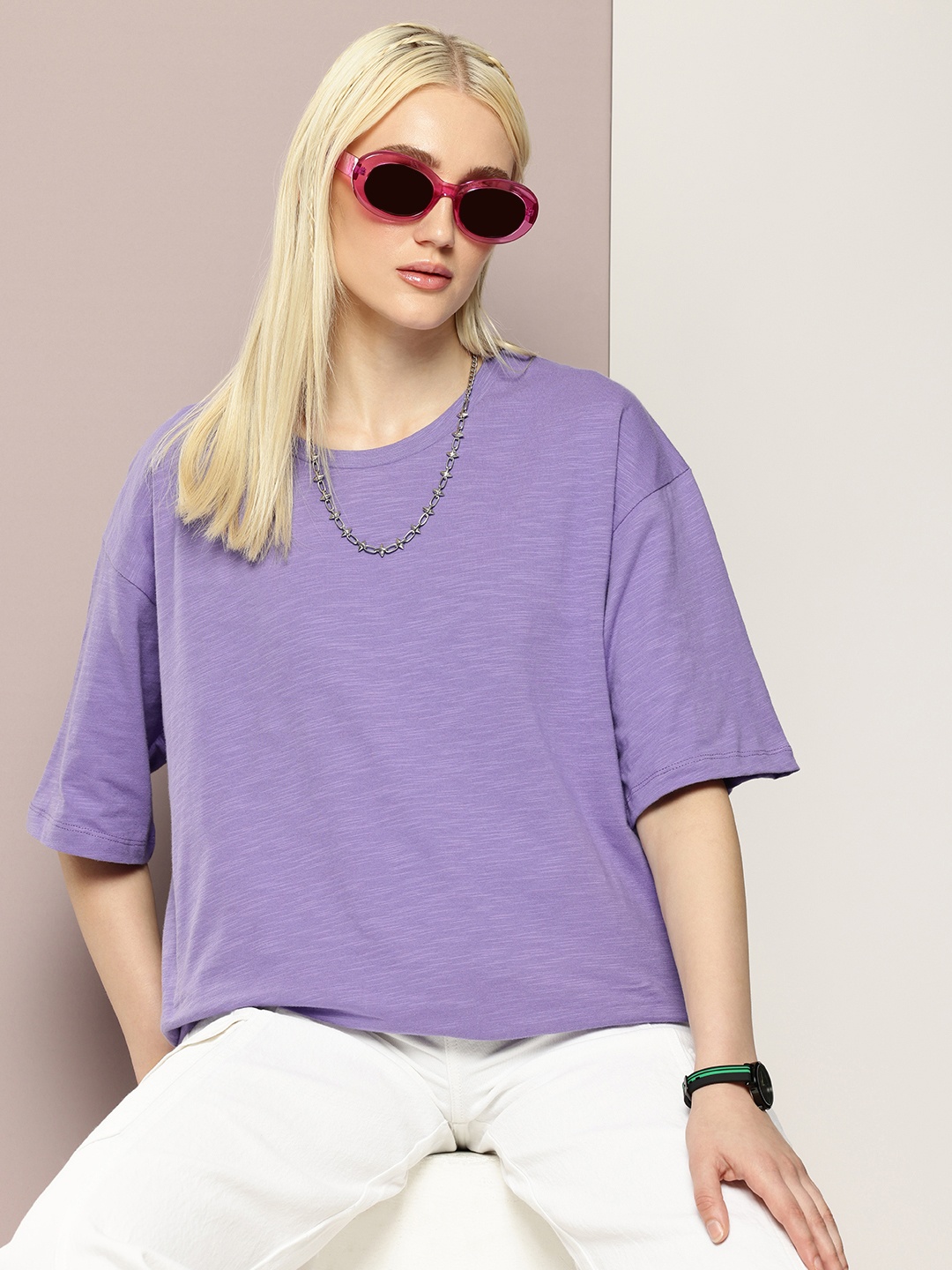 

Kook N Keech Drop-Shoulder Sleeves Oversized Pure Cotton T-shirt, Lavender