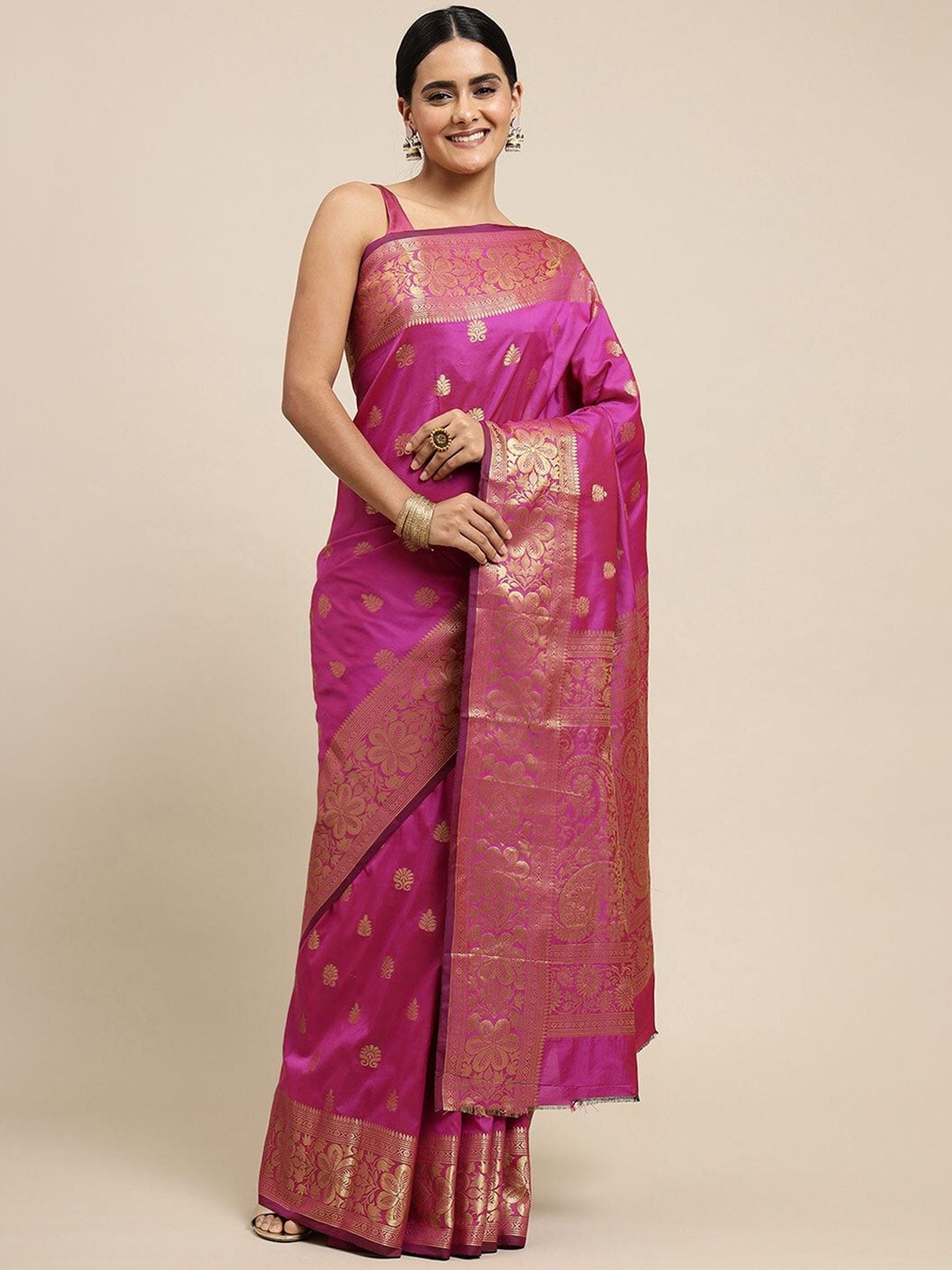 

Jinal & Jinal Ethnic Motifs Woven Design Zari Banarasi Saree, Magenta