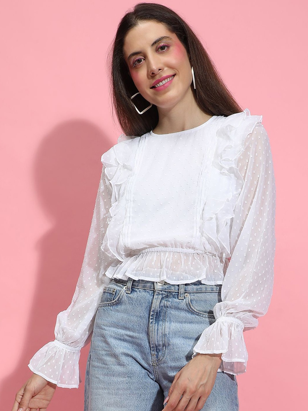 

Oxolloxo Women Round Neck Bell Sleeve Ruffles Top, White