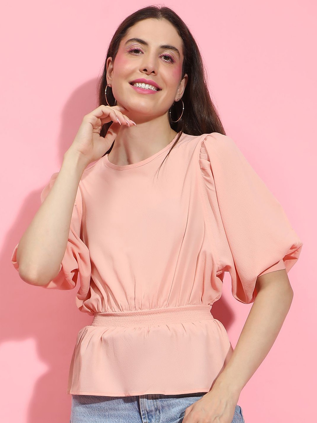 

Oxolloxo Women Solid Puff Sleeve Round Neck Top, Peach