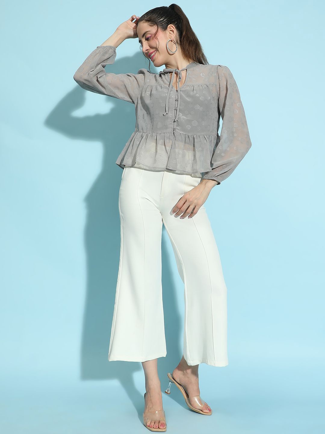 

Oxolloxo Women Long Sleeves Tie-Up Neck Semi Sheer Top, Grey