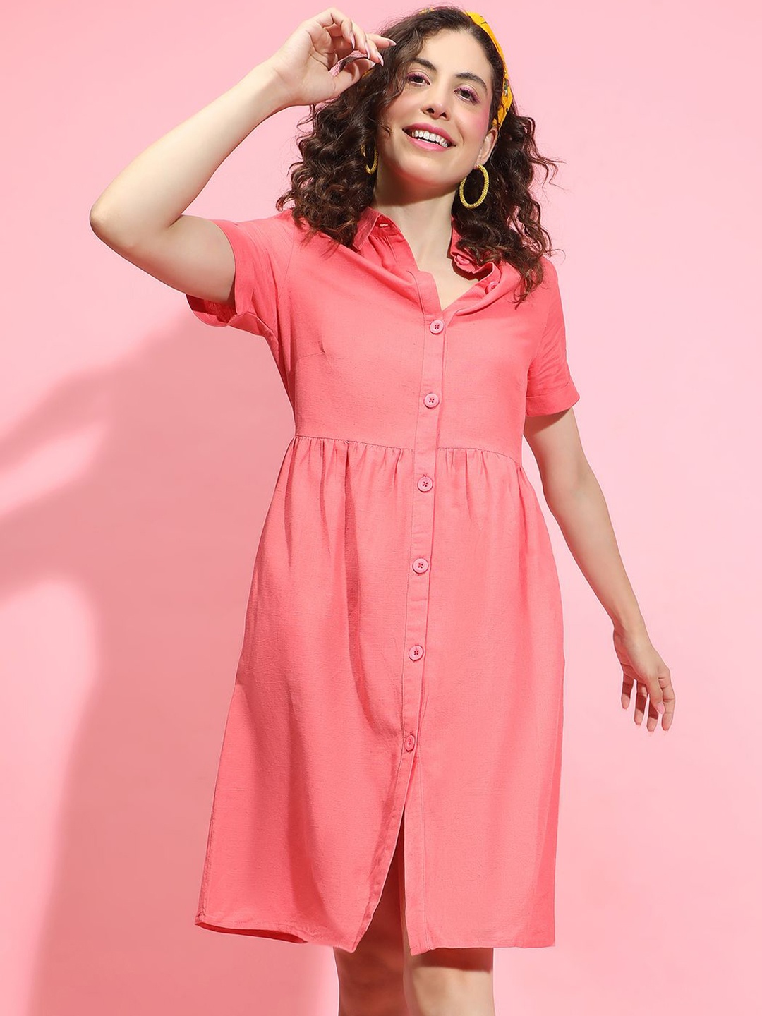

Oxolloxo Shirt Collar Shirt Dress, Peach