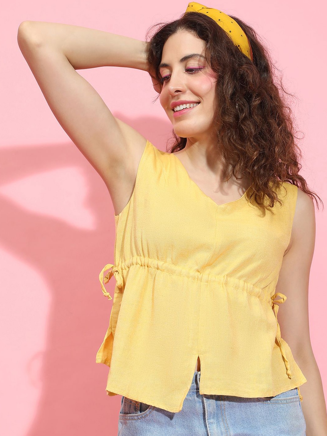 

Oxolloxo Women Solid Sleeveless V-Neck Top, Yellow
