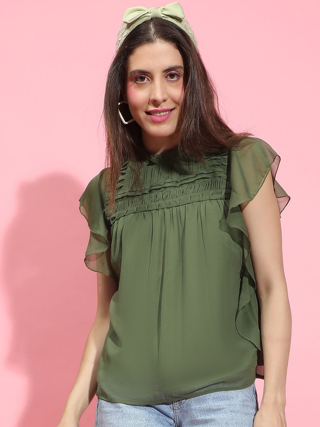 

Oxolloxo Women Solid Flutter Sleeve Ruffles Top, Khaki