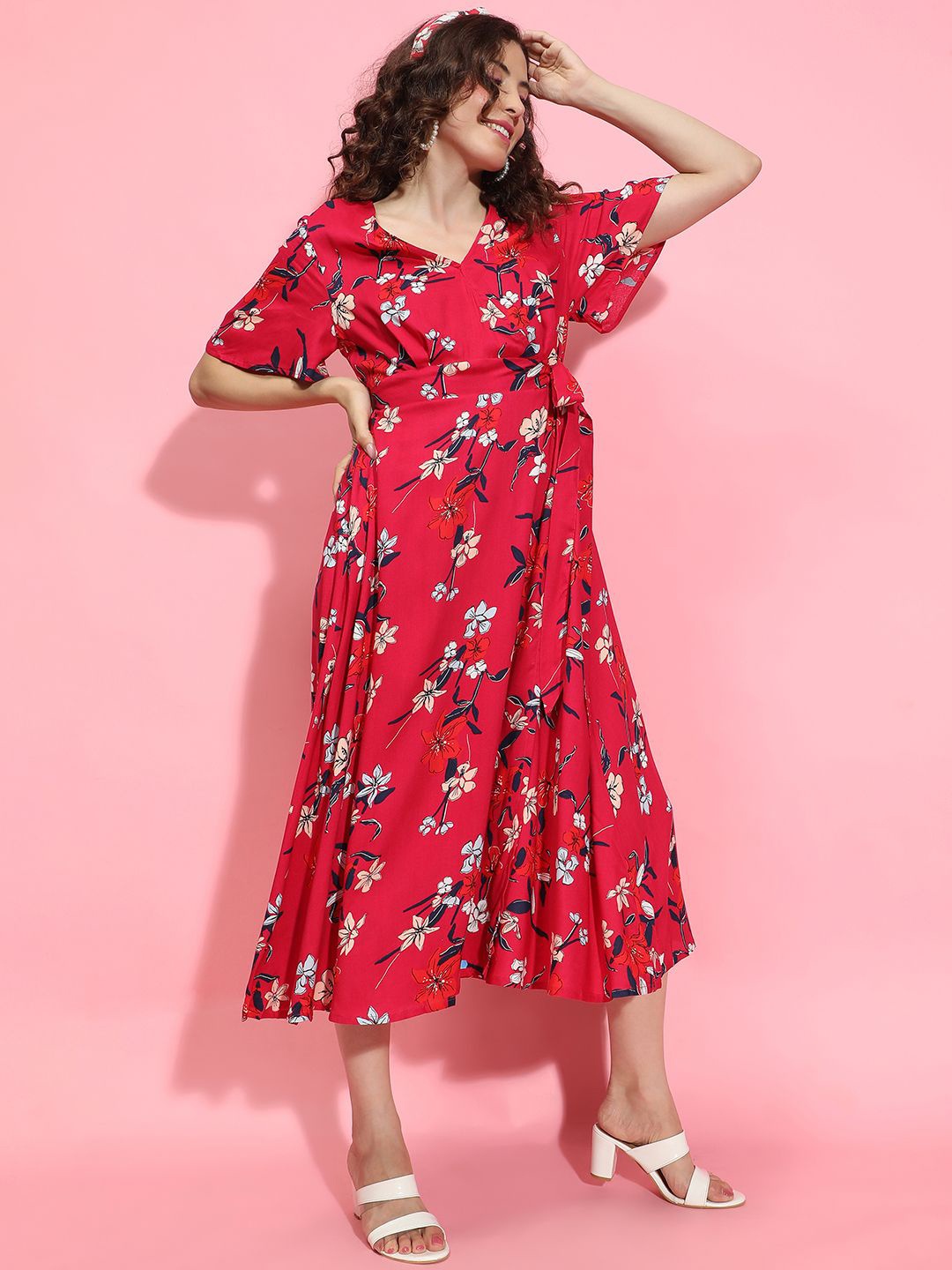 

Oxolloxo Floral Print V-Neck Short Sleeves Midi Wrap Dress, Red
