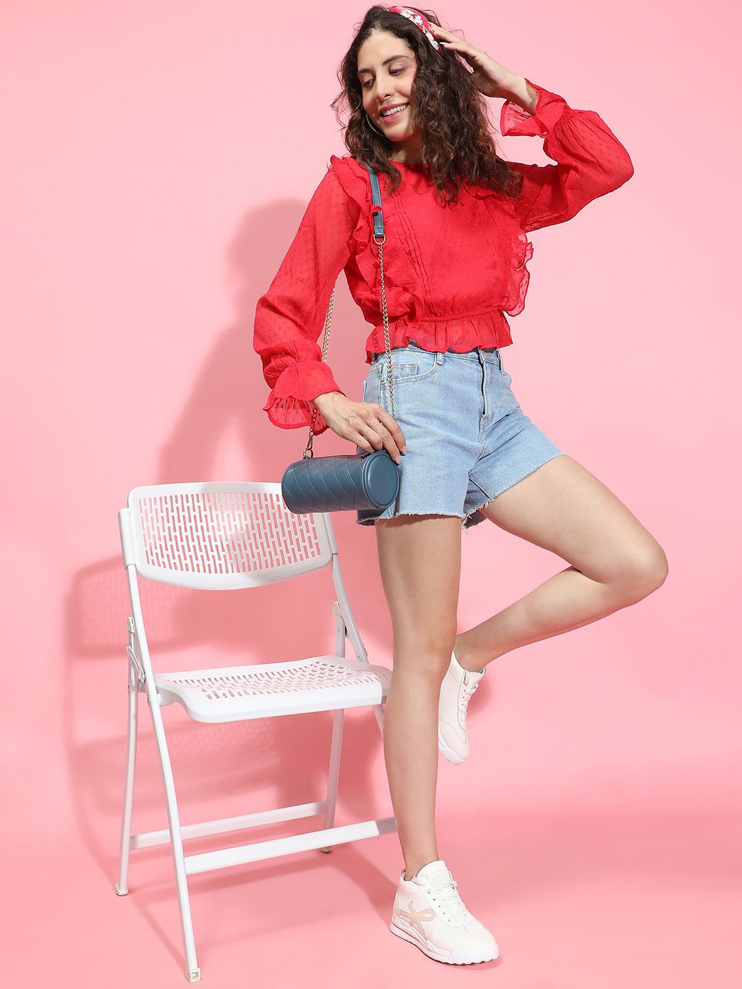 

Oxolloxo Women Self Design Bell Sleeves Top, Red