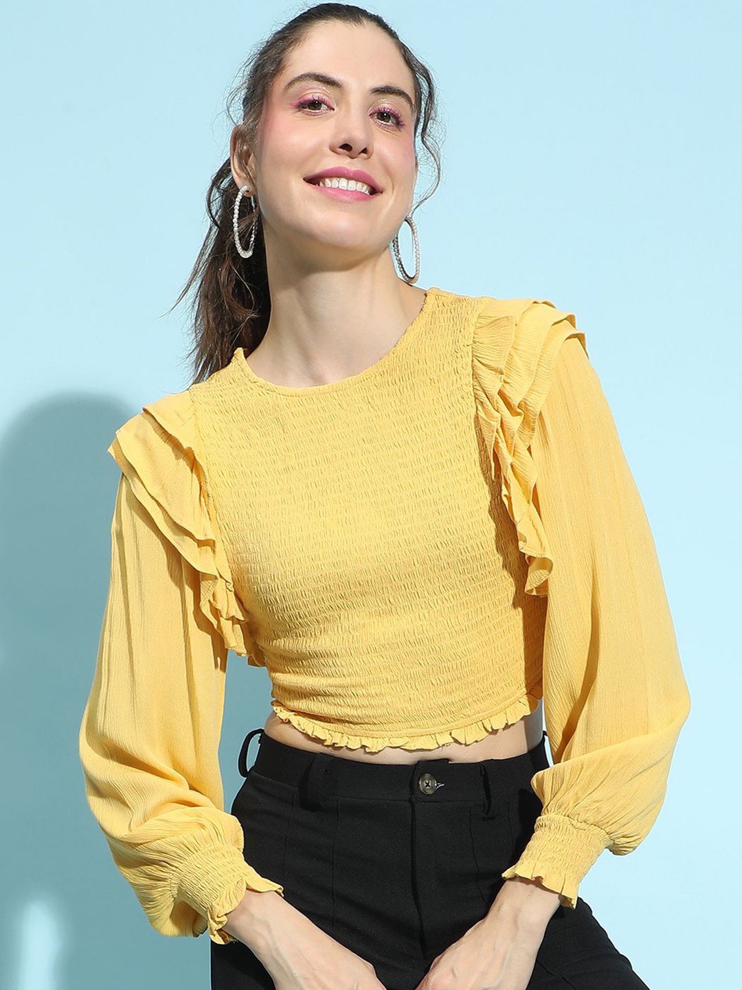 

Oxolloxo Women Solid Bishop Sleeves Ruffles Crop Top, Yellow