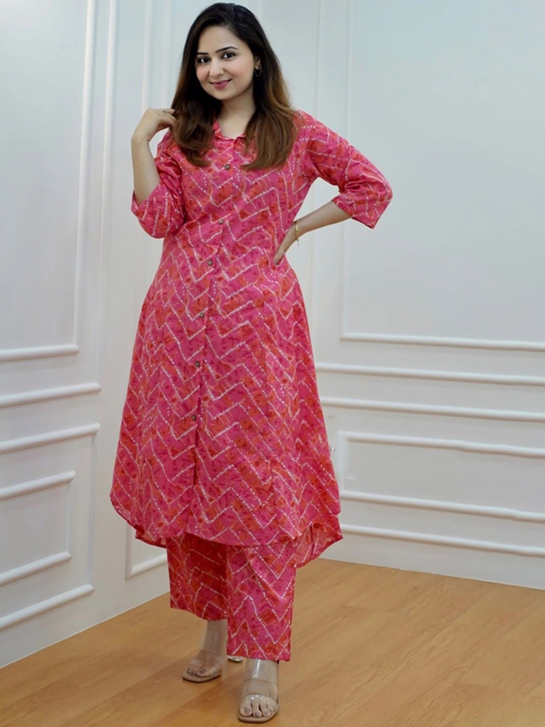 

Shrivani Floral Printed Pure Cotton A Line Kurta with Palazzos, Pink