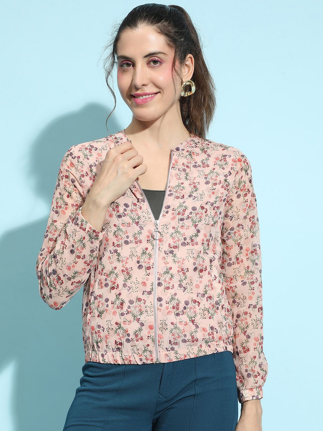 

Oxolloxo Women Floral Lightweight Bomber Jacket, Pink