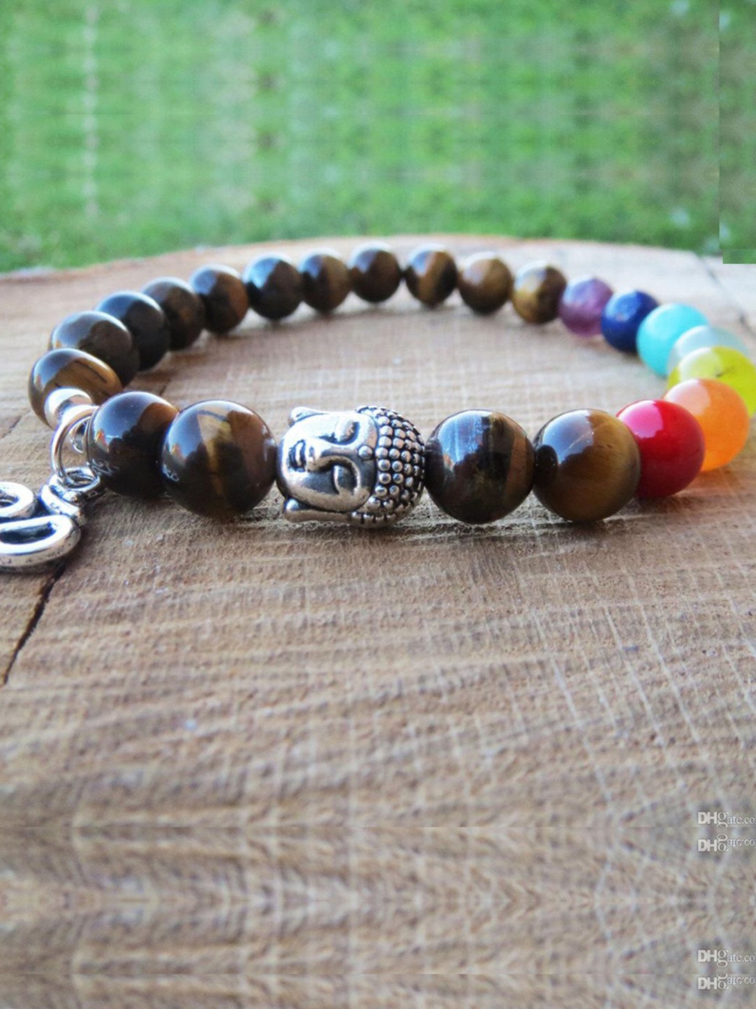 

Young & Forever Unisex Tigers Eye Buddha Om Crystal Beads Bracelet, Silver
