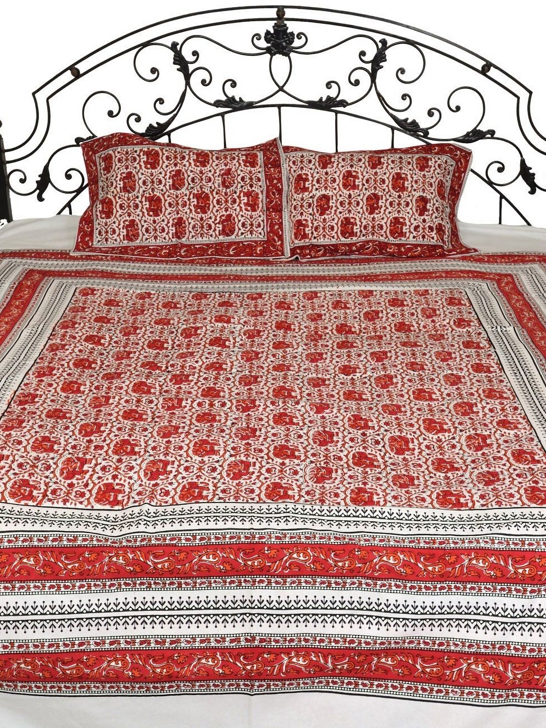 

Exotic India Deep Claret Block-Printed Elephants Bedsheet with Pillow Covers, Red