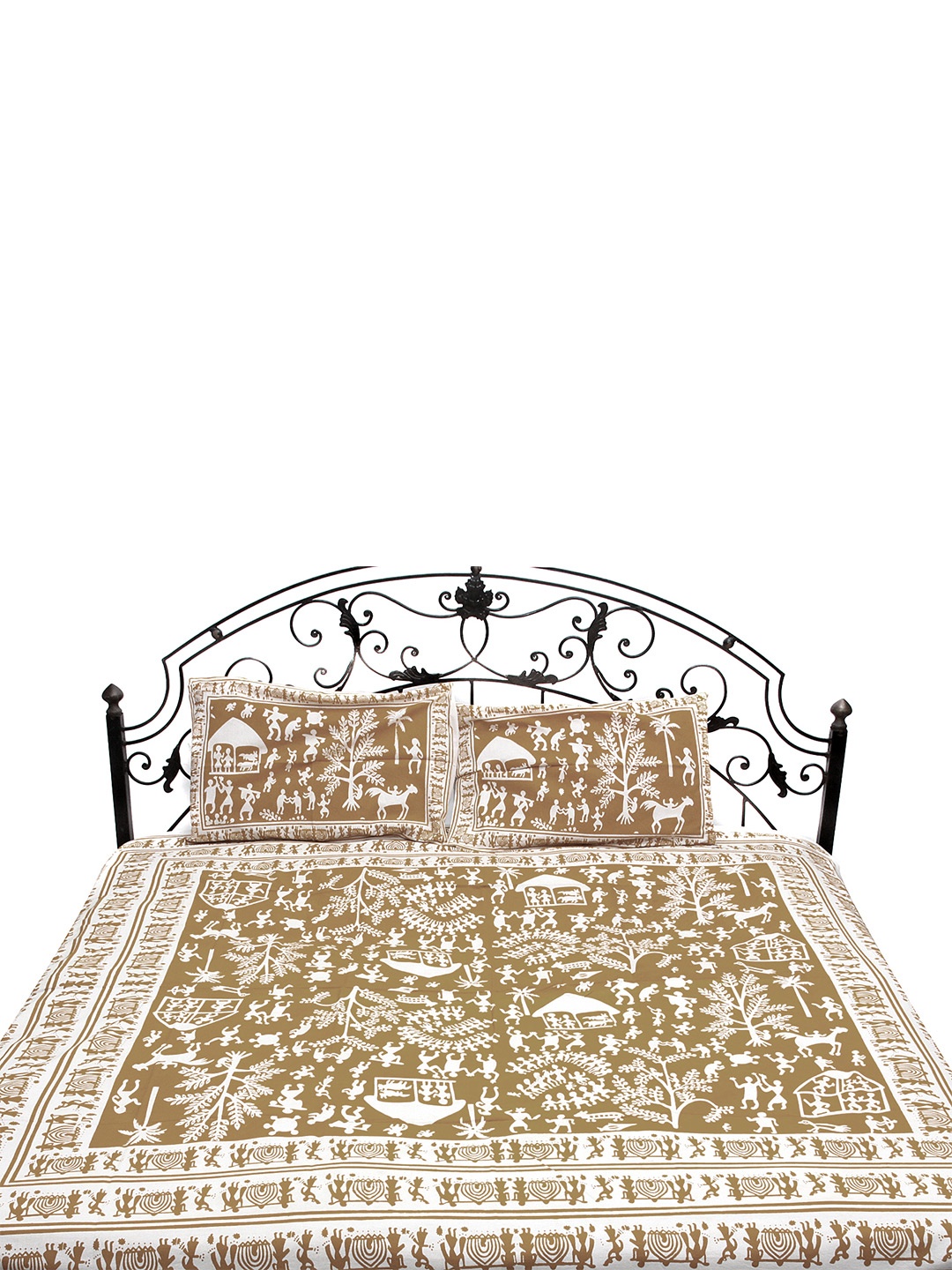 

Exotic India Brown & White Ethnic Motifs Cotton 300 TC Queen Bedsheet With 2 Pillow Covers