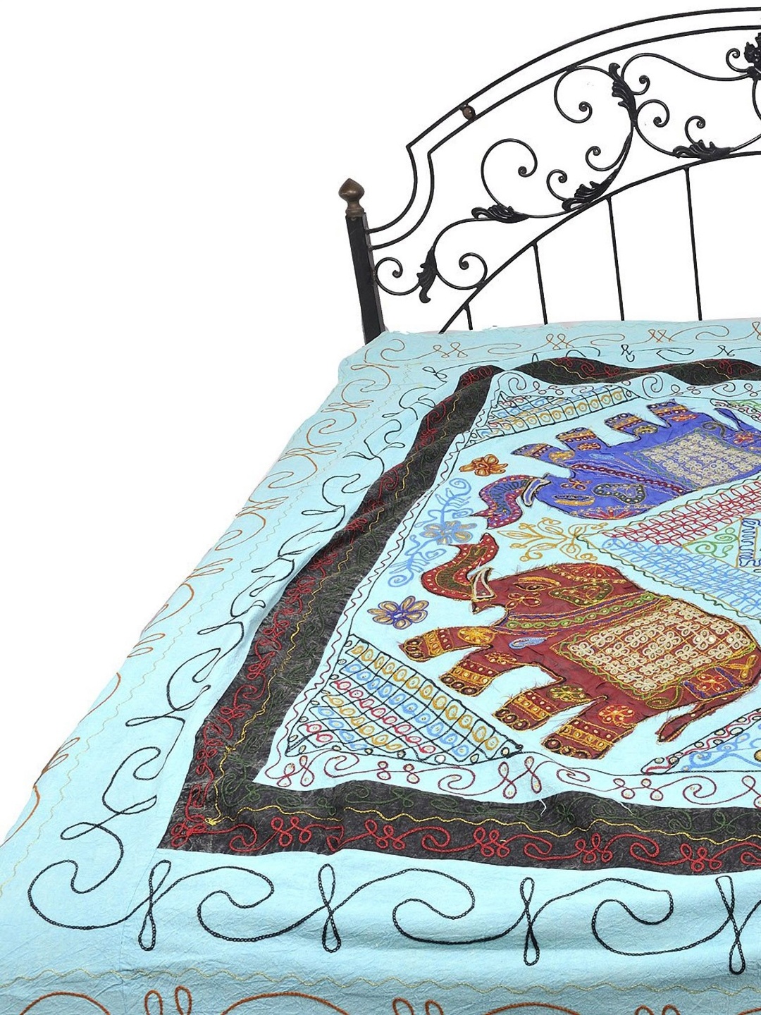 

Exotic India Plume Blue Gujarati Bedspread with Applique Elephants and Embroidery