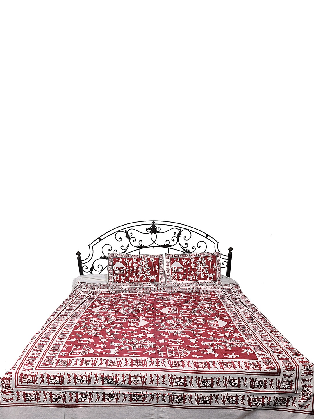 

Exotic India Red & White Ethnic Motifs 300 TC Cotton Queen Bedsheet with 2 Pillow Covers