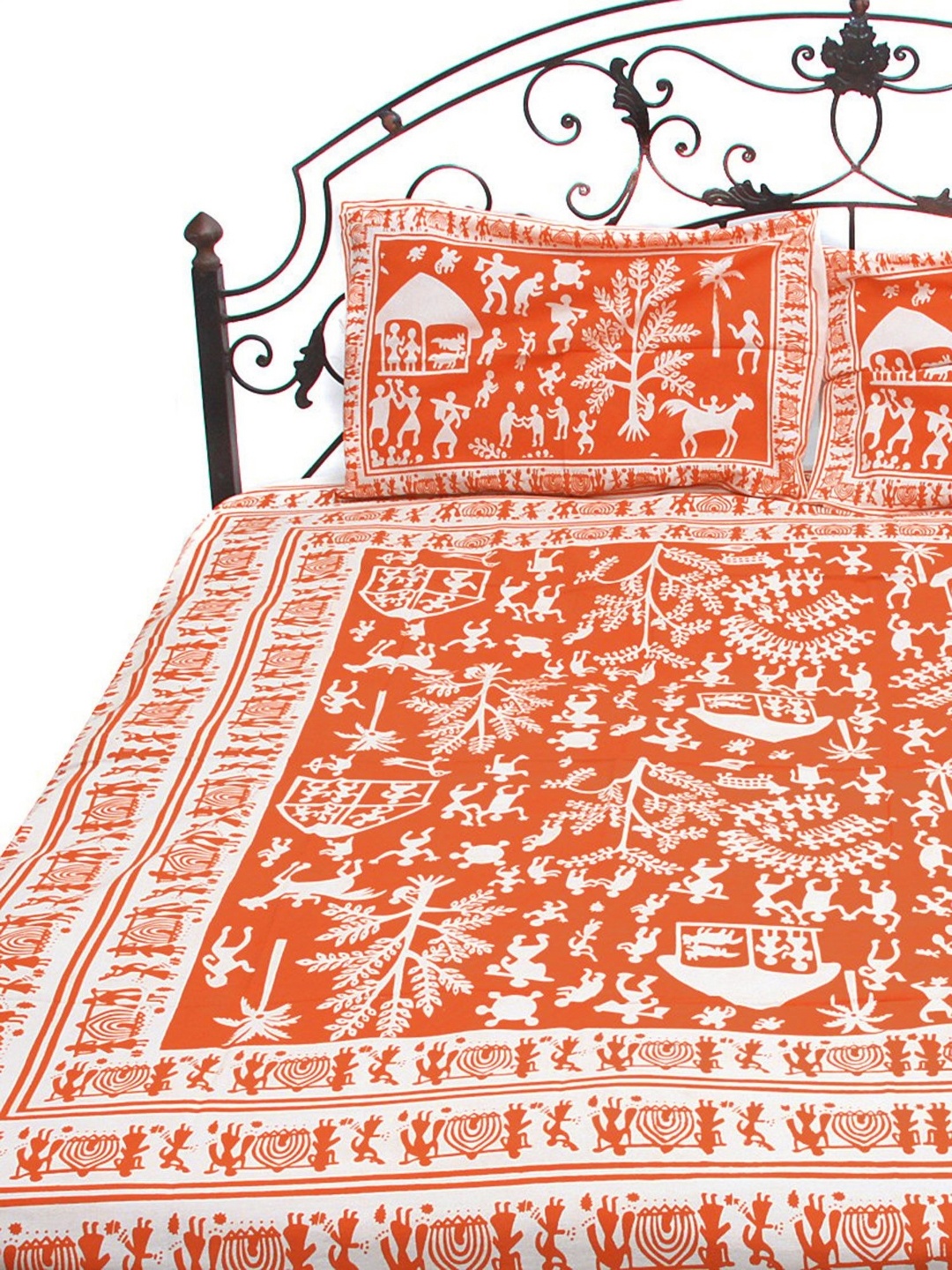 

Exotic India Orange & White Ethnic Motifs 300 TC Cotton Queen Bedsheet & 2 Pillow Covers