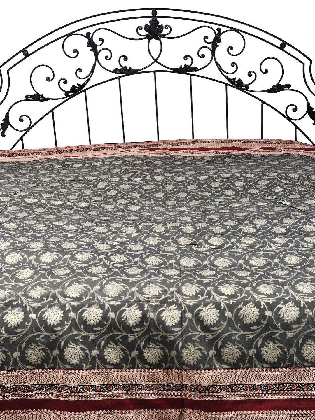

Exotic India Charcoal Gray Cotton Bedspread with Woven Flowers and Wide Patch Border, Grey