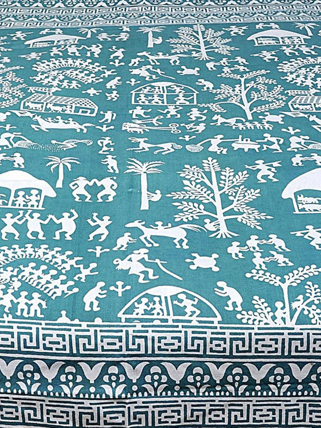 

Exotic India Teal & White Ethnic Motifs Cotton 300 TC Queen Bedsheet With 2 Pillow Covers