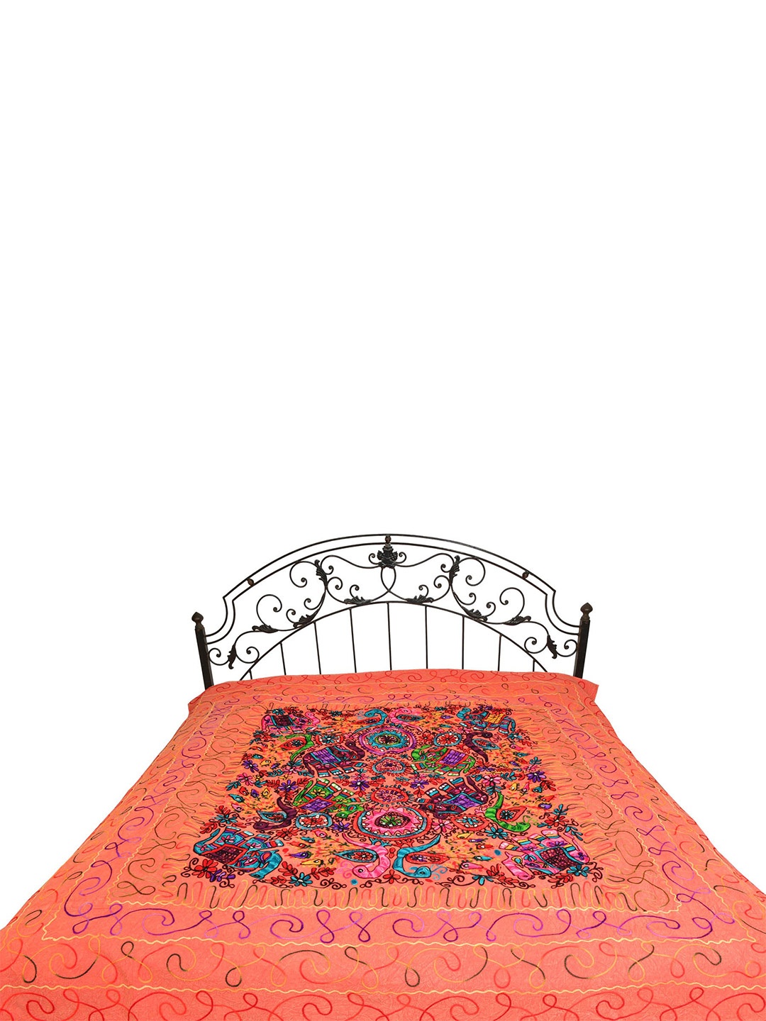Exotic India Coral & Green Ethnic Motifs 300 TC Cotton Queen Bedsheet - 2.49 m x 2.19 m